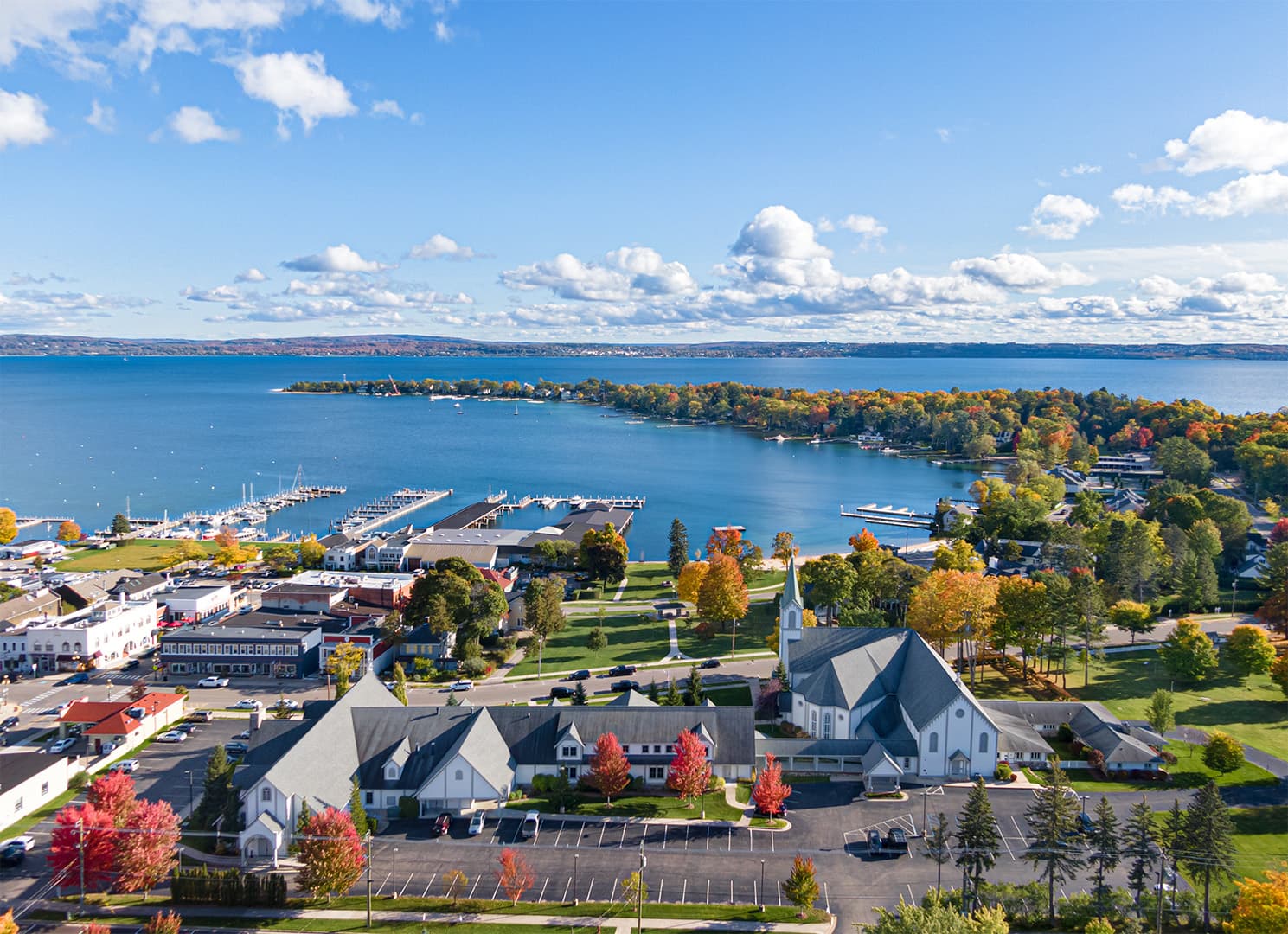 Aerial view of Harbor Springs, Michigan and the marina